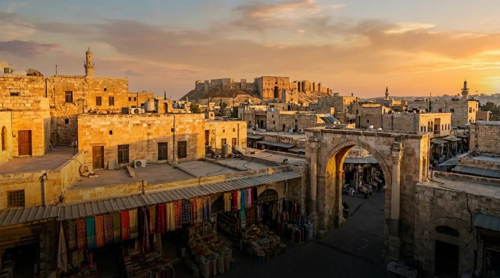 قلعة حلب والمدينة القديمة عند الغروب — سوريا